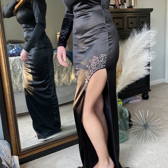 Satin Formal Dress with Sequin Accent at Thigh High Slit - Picture 6 of 13
